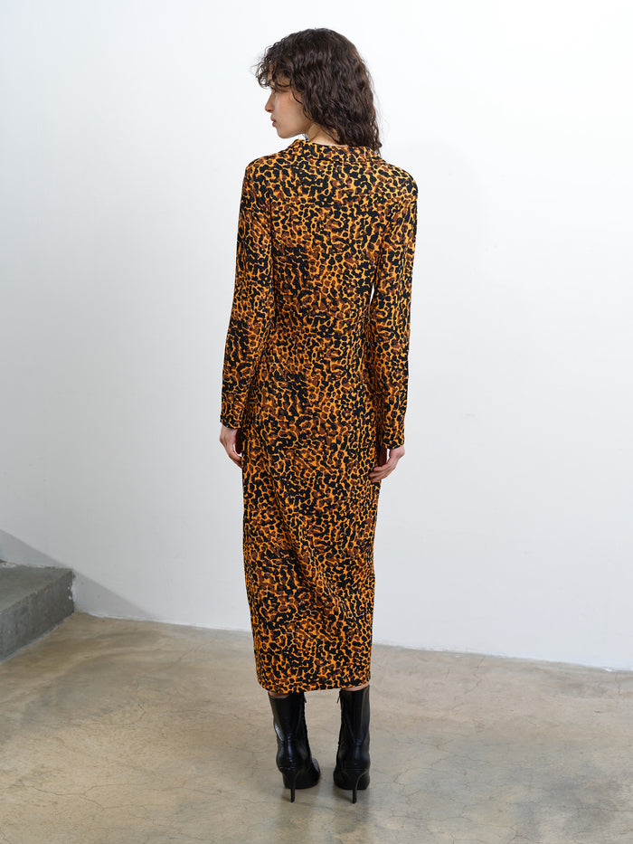 Lottie Textured Leopard Print V Neck Midi Dress