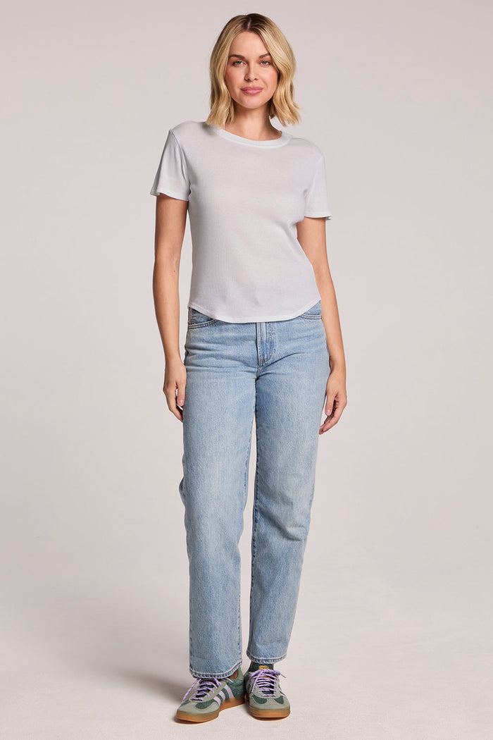 Chaser Louisa Tee in Light Heather Grey shown in full body view with classic crew neckline and relaxed fit