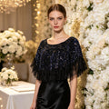 Handmade black sequin lace bridal capelet with elegant ruffle trim.