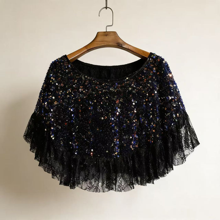 Handmade black sequin lace bridal capelet with elegant ruffle trim.