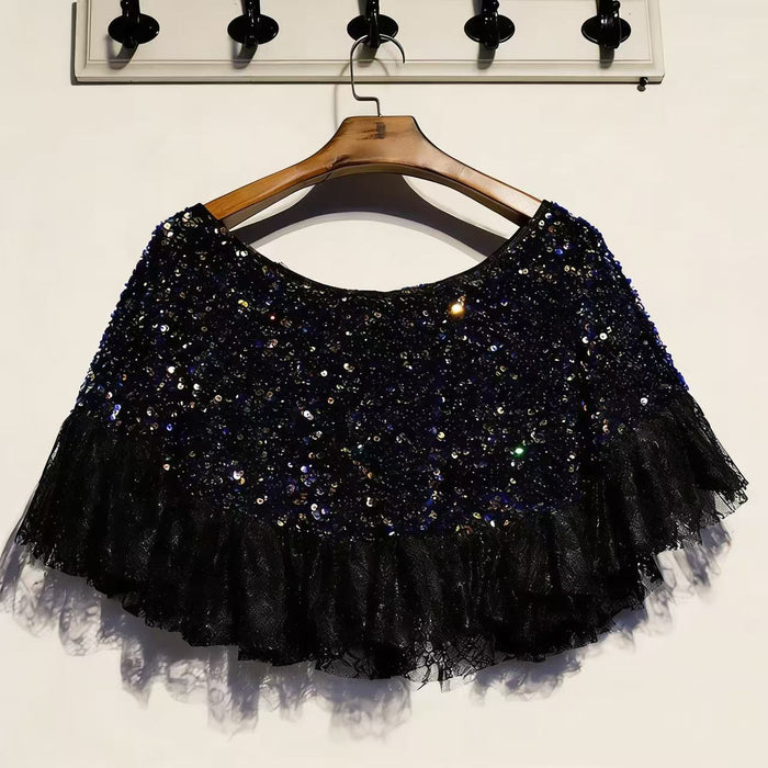 Handmade black sequin lace bridal capelet with elegant ruffle trim.