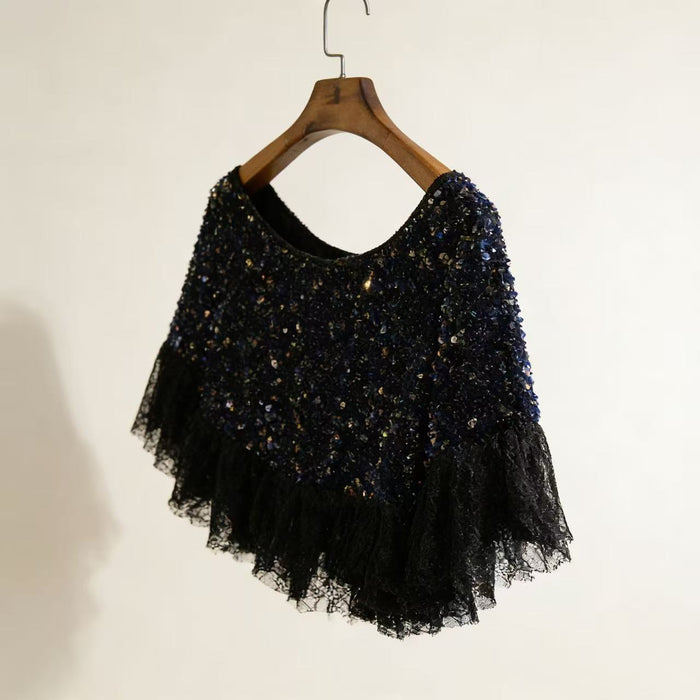 Luxury black lace capelet with shimmering sequins for bridal and evening wear.