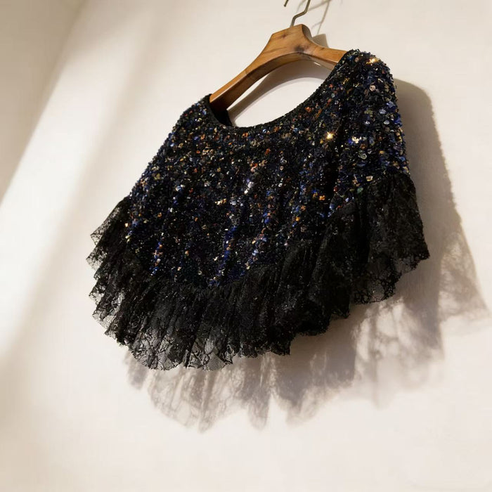 Luxury black lace capelet with shimmering sequins for bridal and evening wear.