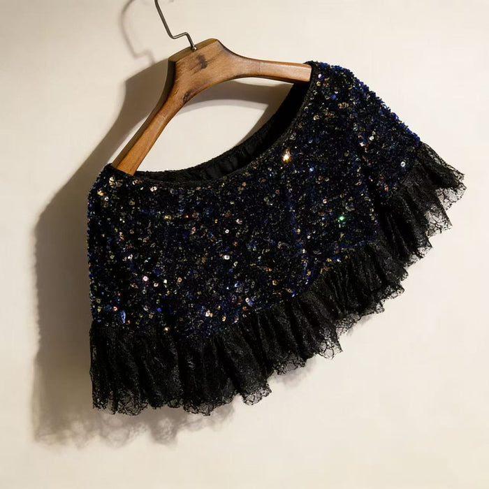 Luxury black lace capelet with shimmering sequins for bridal and evening wear.