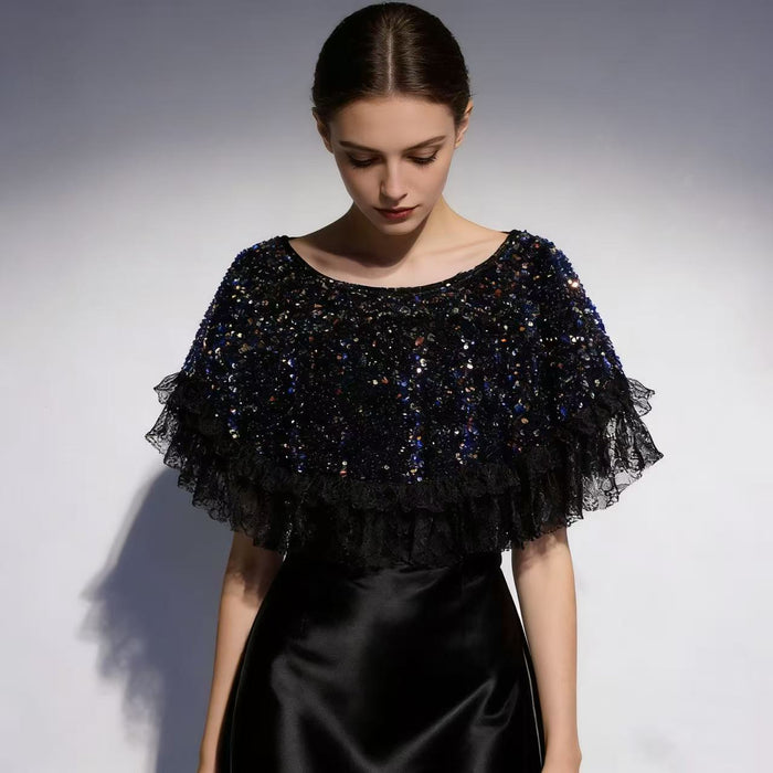 Luxury black lace capelet with shimmering sequins for bridal and evening wear.