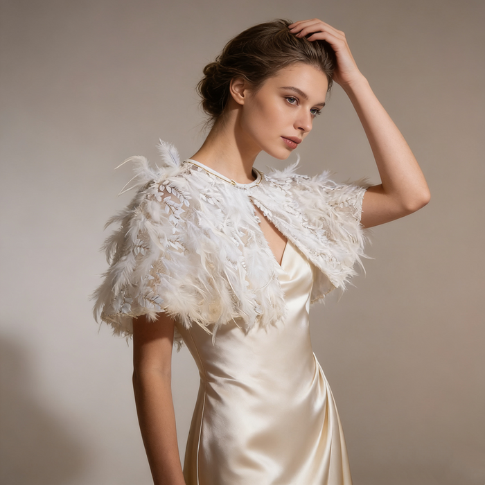 Luxury feather bridal capelet featuring embroidered leaf tulle and soft white feathers for an elegant wedding look.