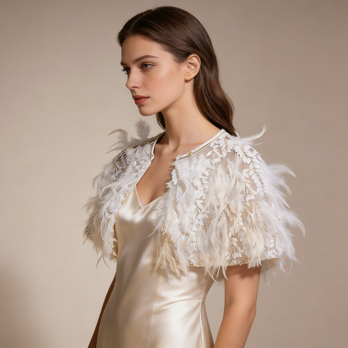 Handcrafted bridal shoulder cape with botanical embroidery, airy feathers and romantic couture styling.