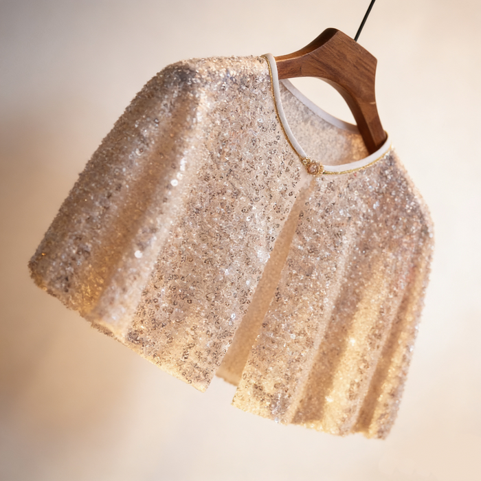 Luxury ivory bridal capelet covered with hand-applied sequins, crystal beads and faux pearls for an elegant wedding look.