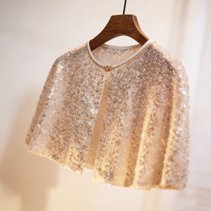 Luxury ivory bridal capelet covered with hand-applied sequins, crystal beads and faux pearls for an elegant wedding look.