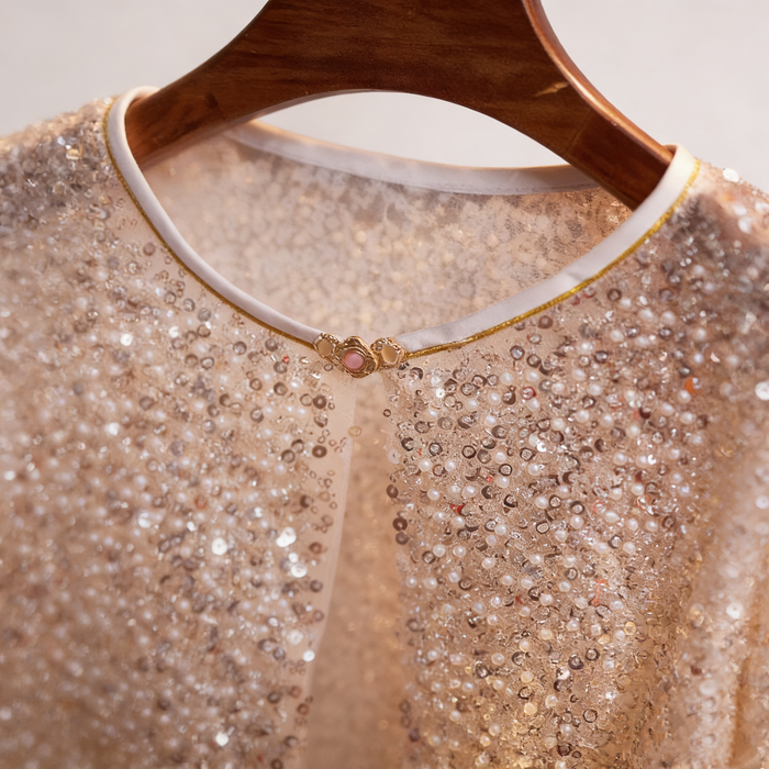 Luxury ivory bridal capelet covered with hand-applied sequins, crystal beads and faux pearls for an elegant wedding look.