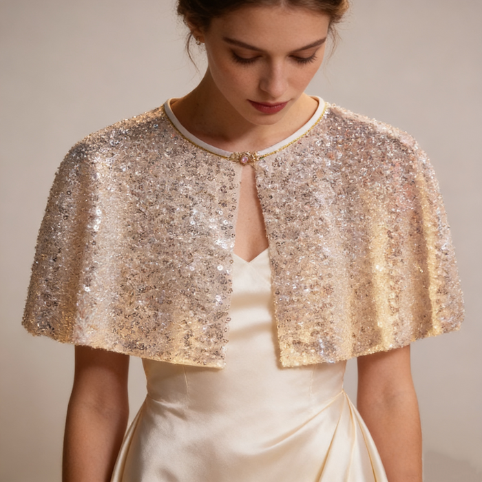 Luxury ivory bridal capelet covered with hand-applied sequins, crystal beads and faux pearls for an elegant wedding look.