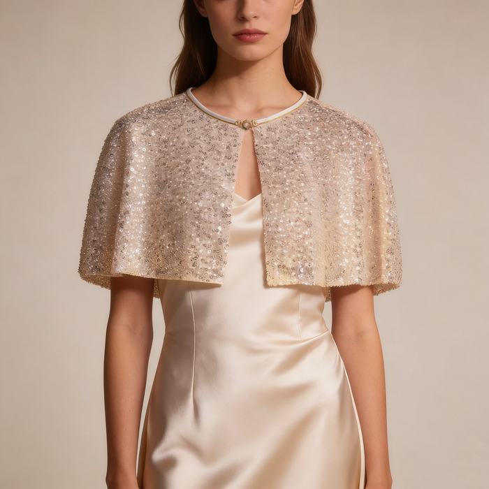 Handmade sparkling wedding shoulder cape featuring ivory sequins and pearl embellishments for modern bridal styling.