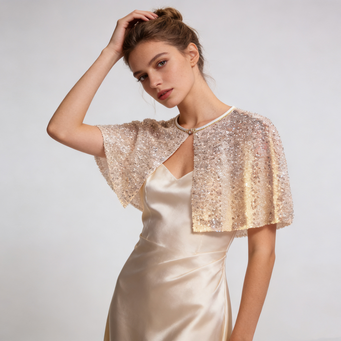 Handmade sparkling wedding shoulder cape featuring ivory sequins and pearl embellishments for modern bridal styling.