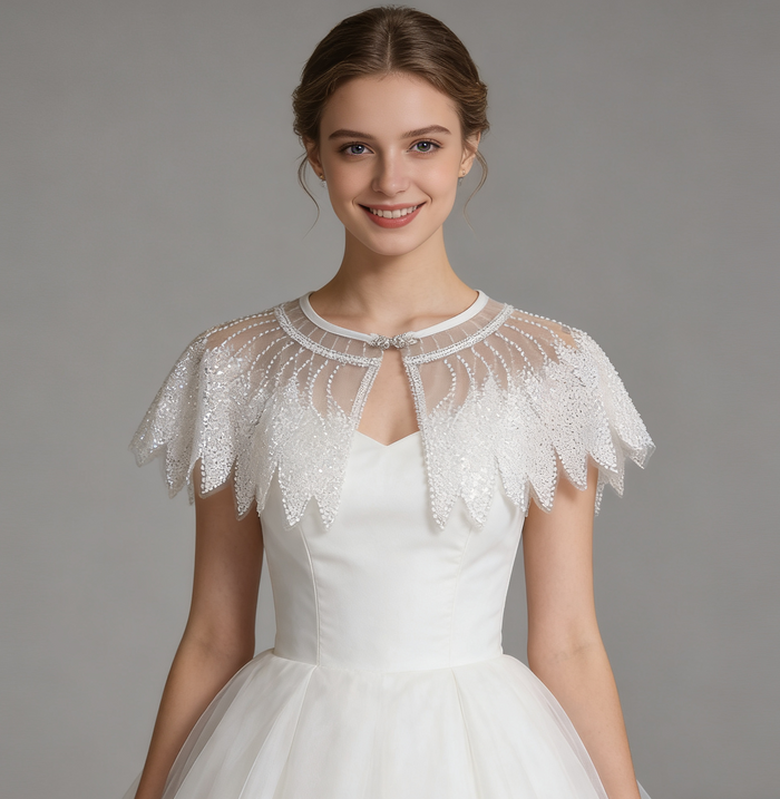 Handmade sparkling wedding shoulder cape featuring delicate tulle and shimmering sequin embroidery for elegant bridal styling.