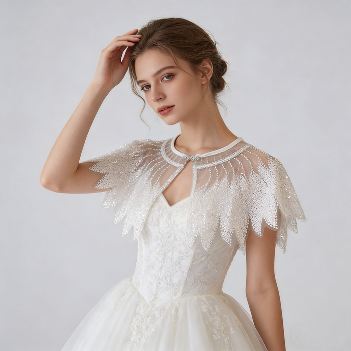 Handmade sparkling wedding shoulder cape featuring delicate tulle and shimmering sequin embroidery for elegant bridal styling.