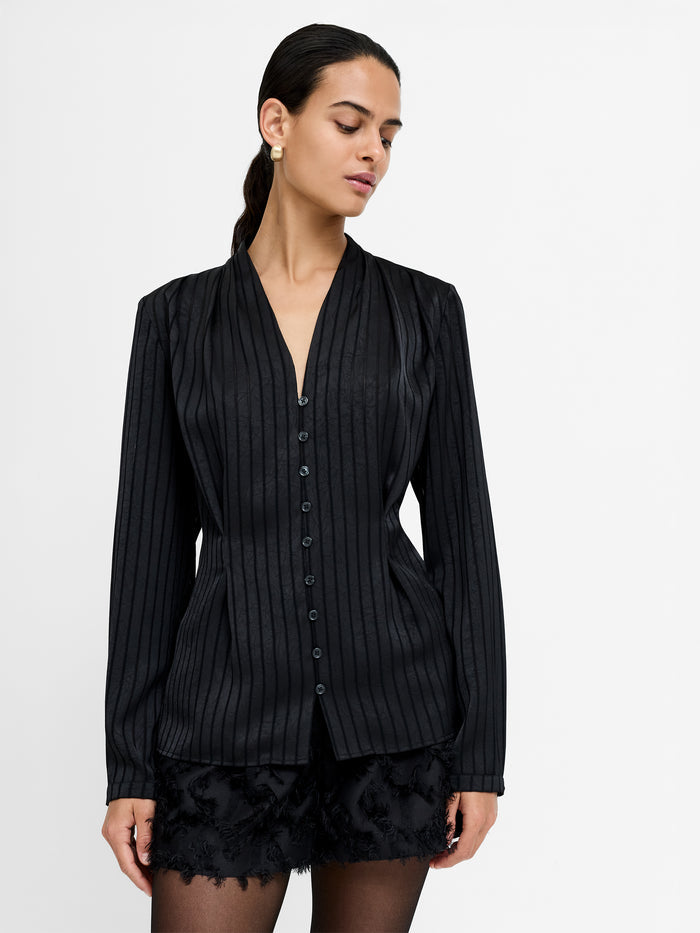 A black satin stripe Blouse with long sleeves, a V-neckline, button through fastening and a regular fit.