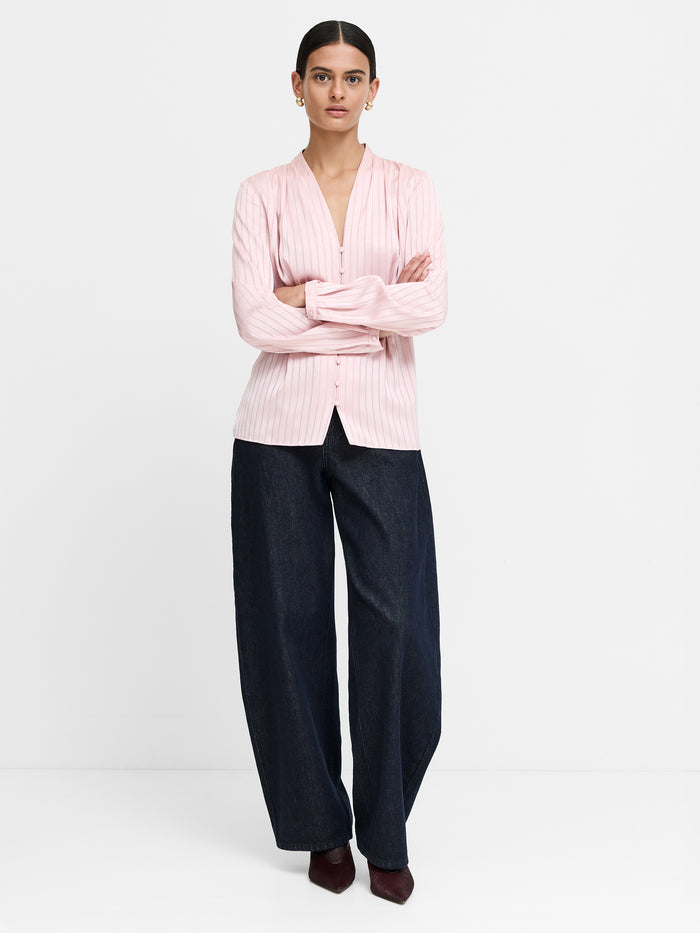 Maggie Pink Satin Stripe V-Neck Blouse