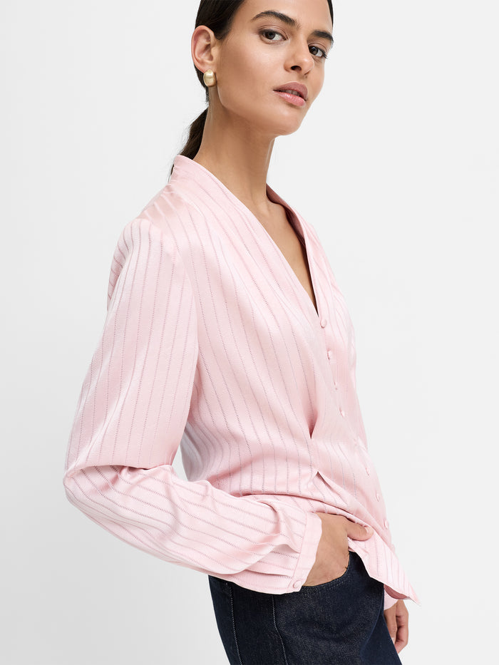 Maggie Pink Satin Stripe V-Neck Blouse
