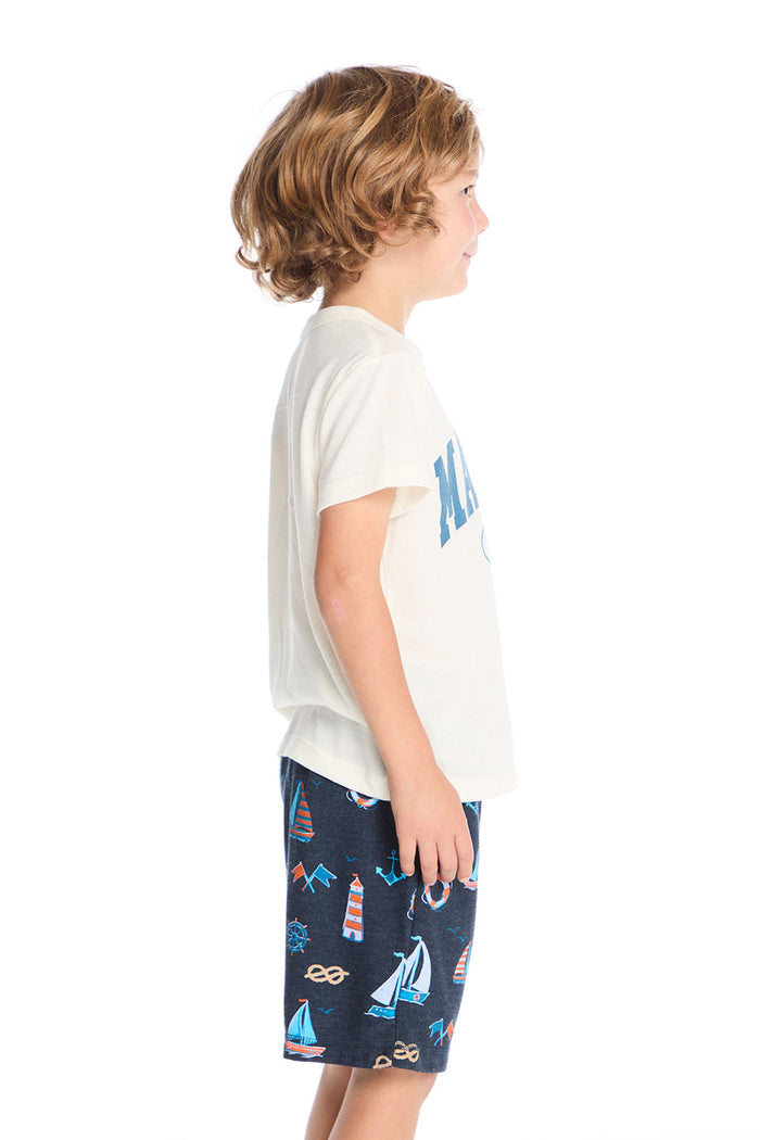 Side view of Chaser Kids Malibu CA Tee showing soft cotton-blend fabric and relaxed short sleeve fit