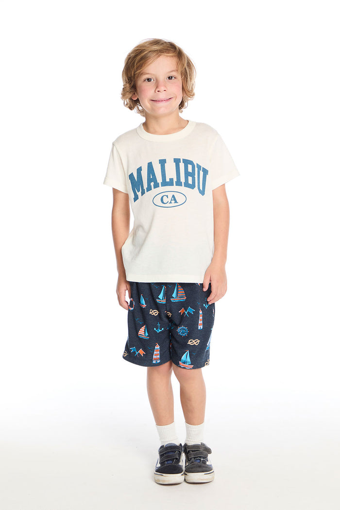 Malibu CA Tee Boys Full body view of Chaser Kids Malibu CA Tee shown with the Allover Sailboats Shorts for a coastal-inspired summer look