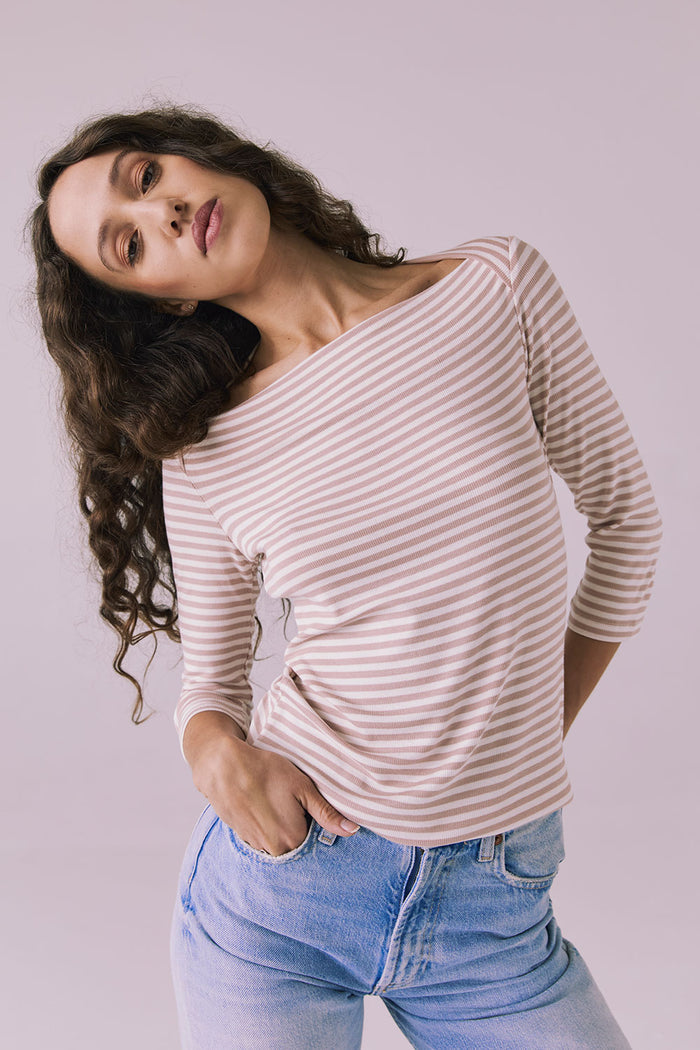 Front angle close-up of Chaser Brand Malynne Khaki Stripe Tee showing soft rib texture and wide bateau neckline