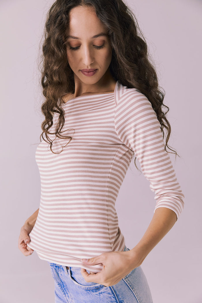 Side angle view of Chaser Brand Malynne Khaki Stripe Tee highlighting slim fit and three-quarter sleeves