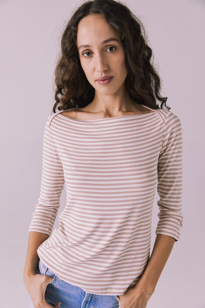 Front three-quarter angle of Chaser Brand Malynne Khaki Stripe Tee showing relaxed drape and striped pattern
