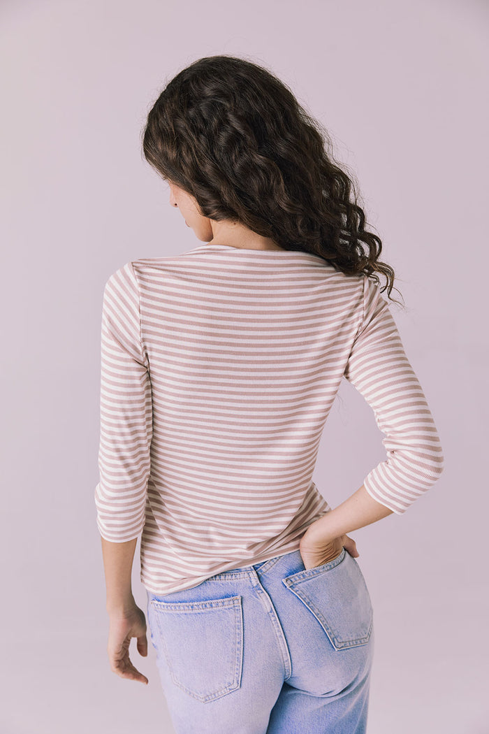 Back view of Chaser Brand Malynne Khaki Stripe Tee showing clean lines and lightweight rib fabric