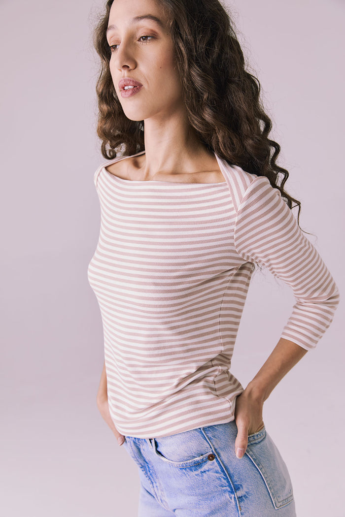 Three-quarter side angle of Chaser Brand Malynne Khaki Stripe Tee highlighting shoulder shape and soft stretch fit