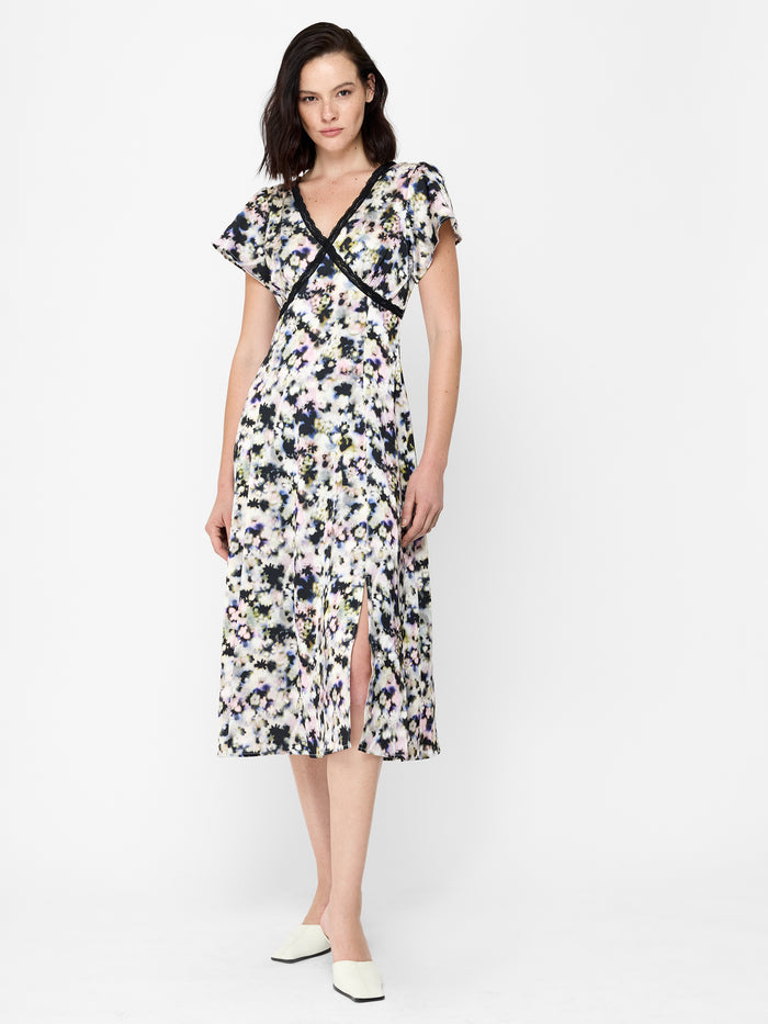 Marcy Floral Print Lace Trim Midi Tea Dress