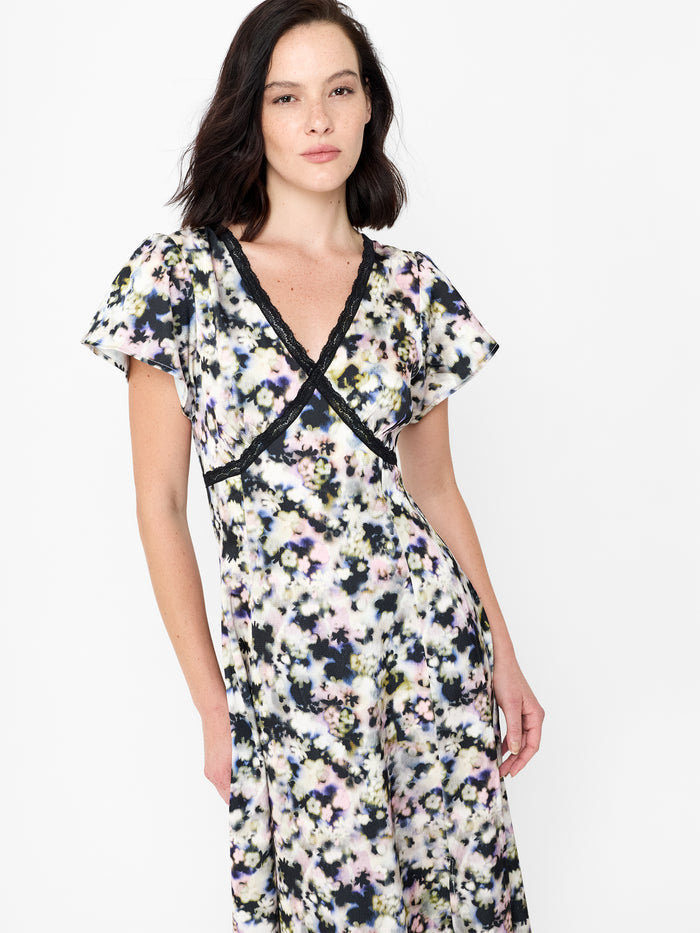Marcy Floral Print Lace Trim Midi Tea Dress