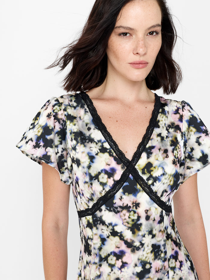 Marcy Floral Print Lace Trim Midi Tea Dress