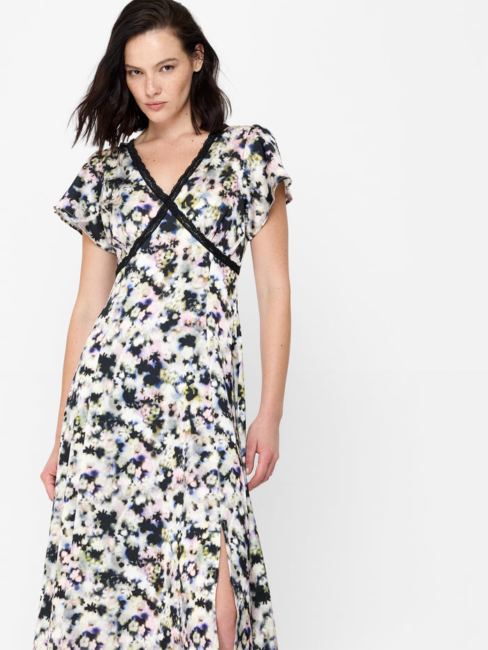 Marcy Floral Print Lace Trim Midi Tea Dress
