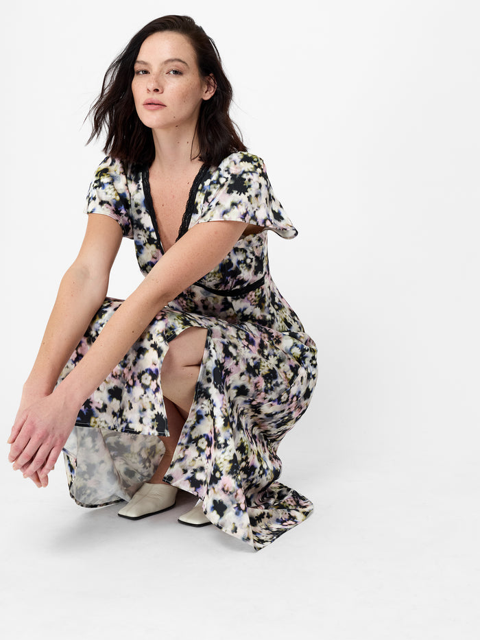 Marcy Floral Print Lace Trim Midi Tea Dress