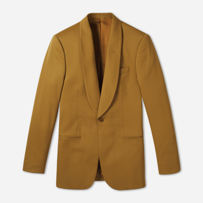 Marigold shawl-lapel tuxedo jacket laid flat, front view, single button and welt pocket visible