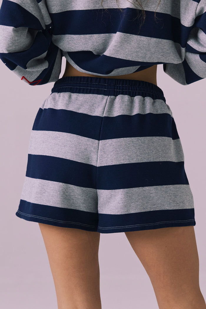 Back close-up of Chaser Brand Maritime Stars Shorts in Heather Grey Stripe highlighting stripe pattern and relaxed fit
