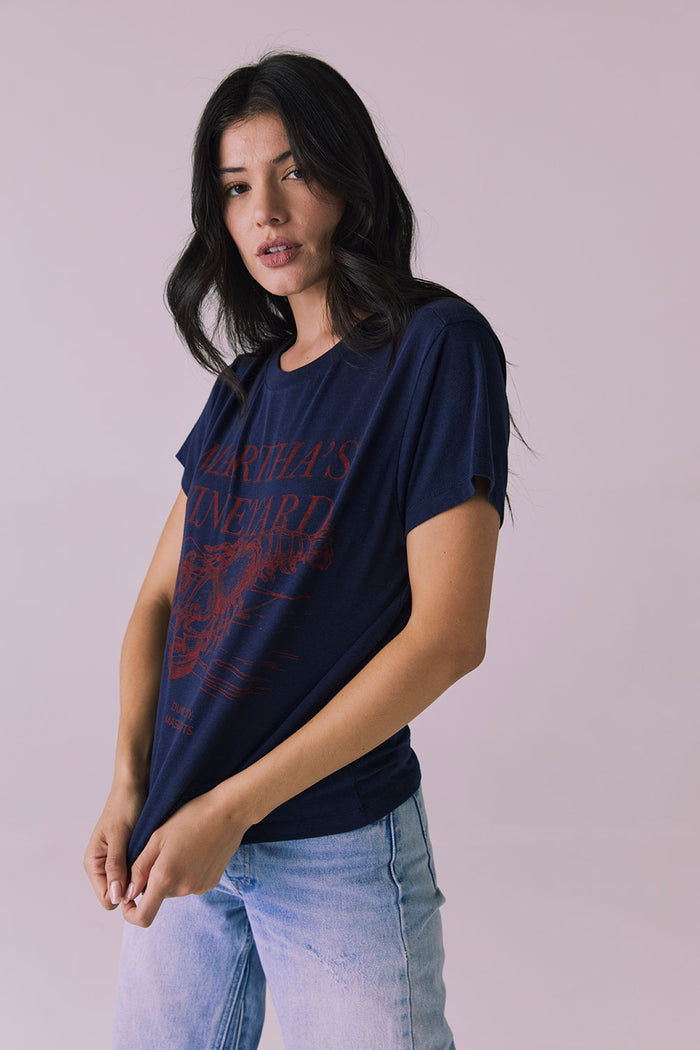 Front angled view of Chaser Brand Martha’s Vineyard Tee in Navy showing relaxed sleeves and lightweight jersey feel