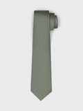 Matcha silk necktie with twill texture, rolled at the top on a white background.