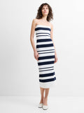 Woman wearing a strapless navy and white striped midi dress