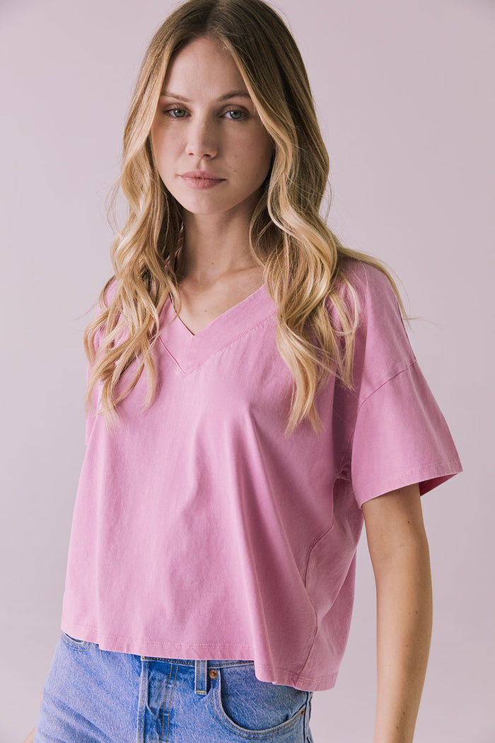 Straight-on front view of the Chaser Brand Mazzy Bubblegum Tee highlighting easy drape and cropped length