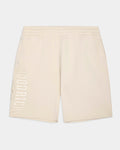 Cream-colored athletic shorts with a vertical 'HOODRICH' logo printed in tonal cream on the left leg, shown against a light gray background.