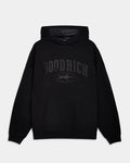 A black pullover hoodie with a tonal dark gray 'HOODRICH' logo printed on the chest, displayed against a light gray background.