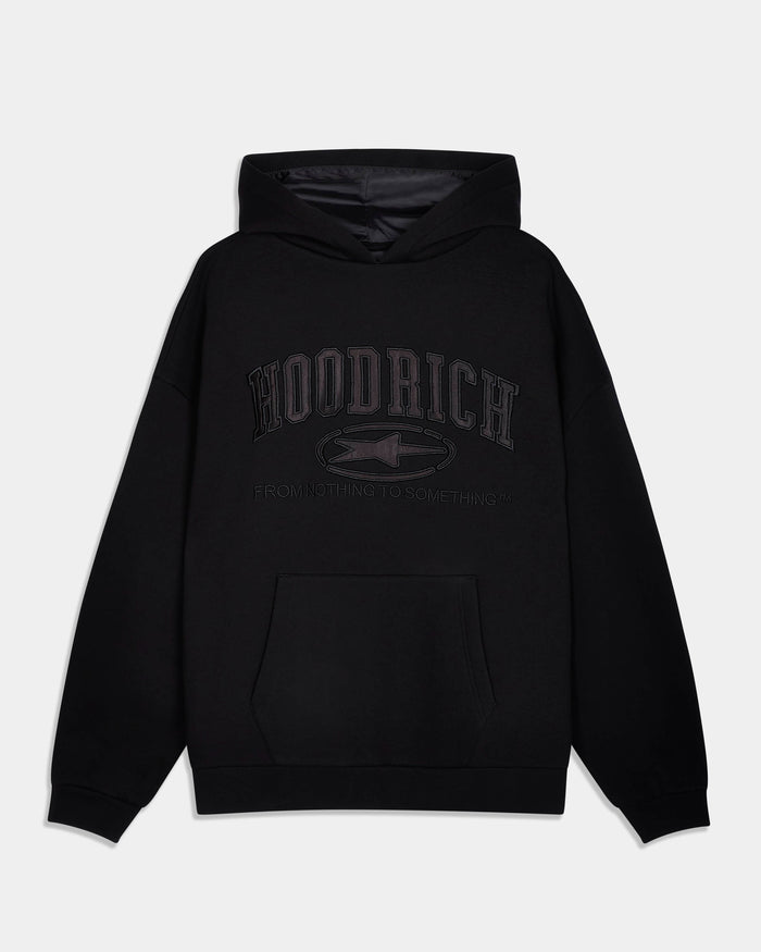 A black pullover hoodie with a tonal dark gray 'HOODRICH' logo printed on the chest, displayed against a light gray background.