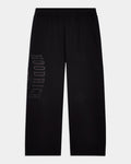 Black wide-leg sweatpants with a drawstring waistband and a tonal vertical 'HOODRICH' logo printed on the left leg, shown against a light gray background.