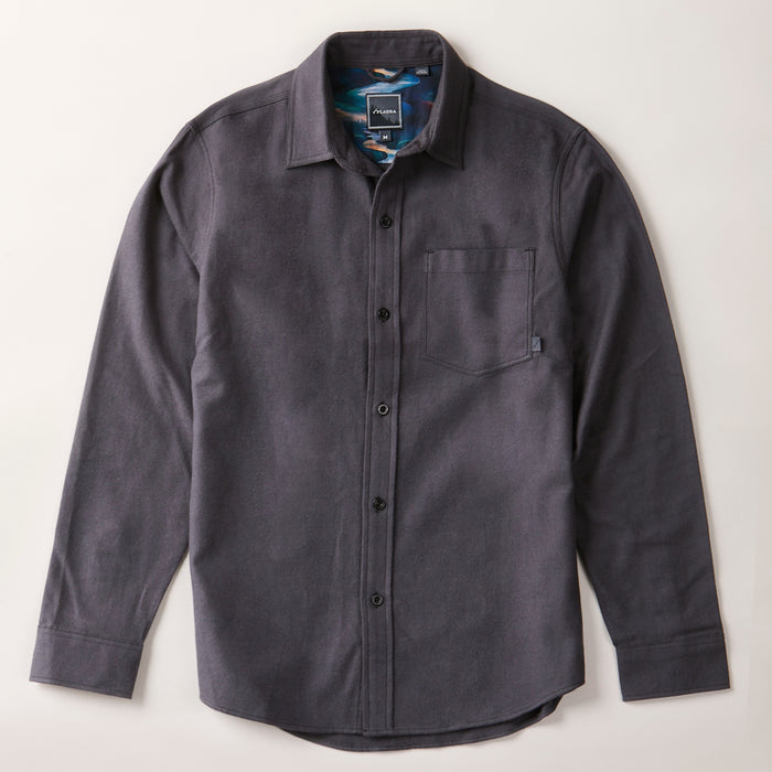 Men's Cascade Flannel Shirt in Charcoal Grey, a Portuguese cotton flannel button-up with a chest pocket and black buttons, shown flat.