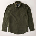 Pladra Men's Cascade Flannel Shirt in olive green, brushed Portuguese cotton, long sleeves, chest pocket shown flat.