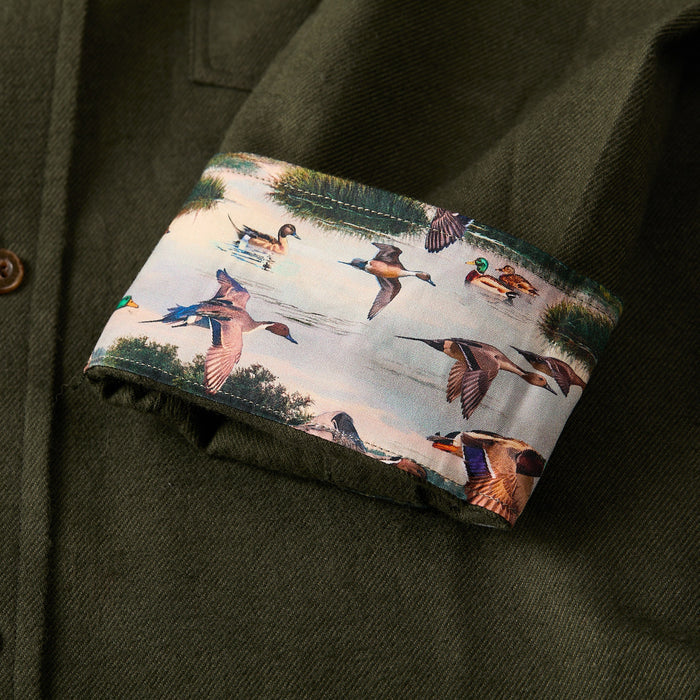 Pladra Men's Cascade Flannel Shirt in olive green features modern cut Portuguese cotton and cuffs with flying ducks.