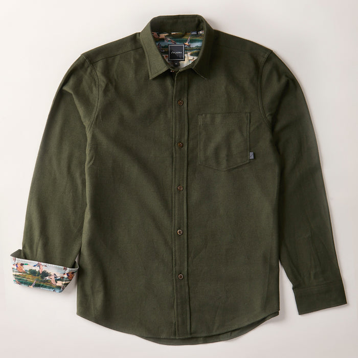 Pladra Men's Cascade Flannel Shirt in olive green, with chest pocket and patterned inner collar and cuffs.