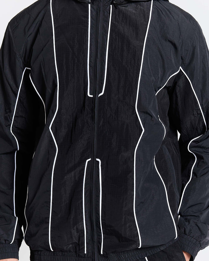 Black jacket with white piping on a white background