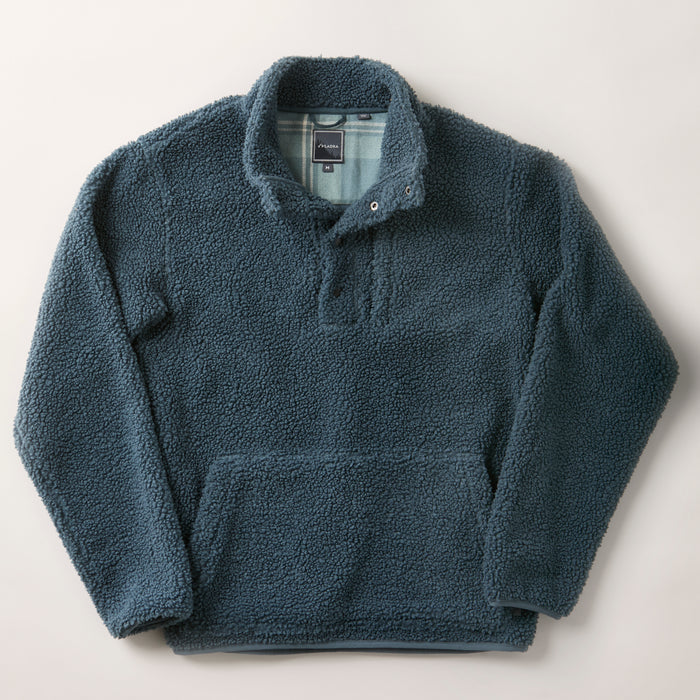 Men's Cypress Sherpa Fleece in Atlantic Blue by Pladra, with snap collar, chest pocket & kangaroo pocket.
